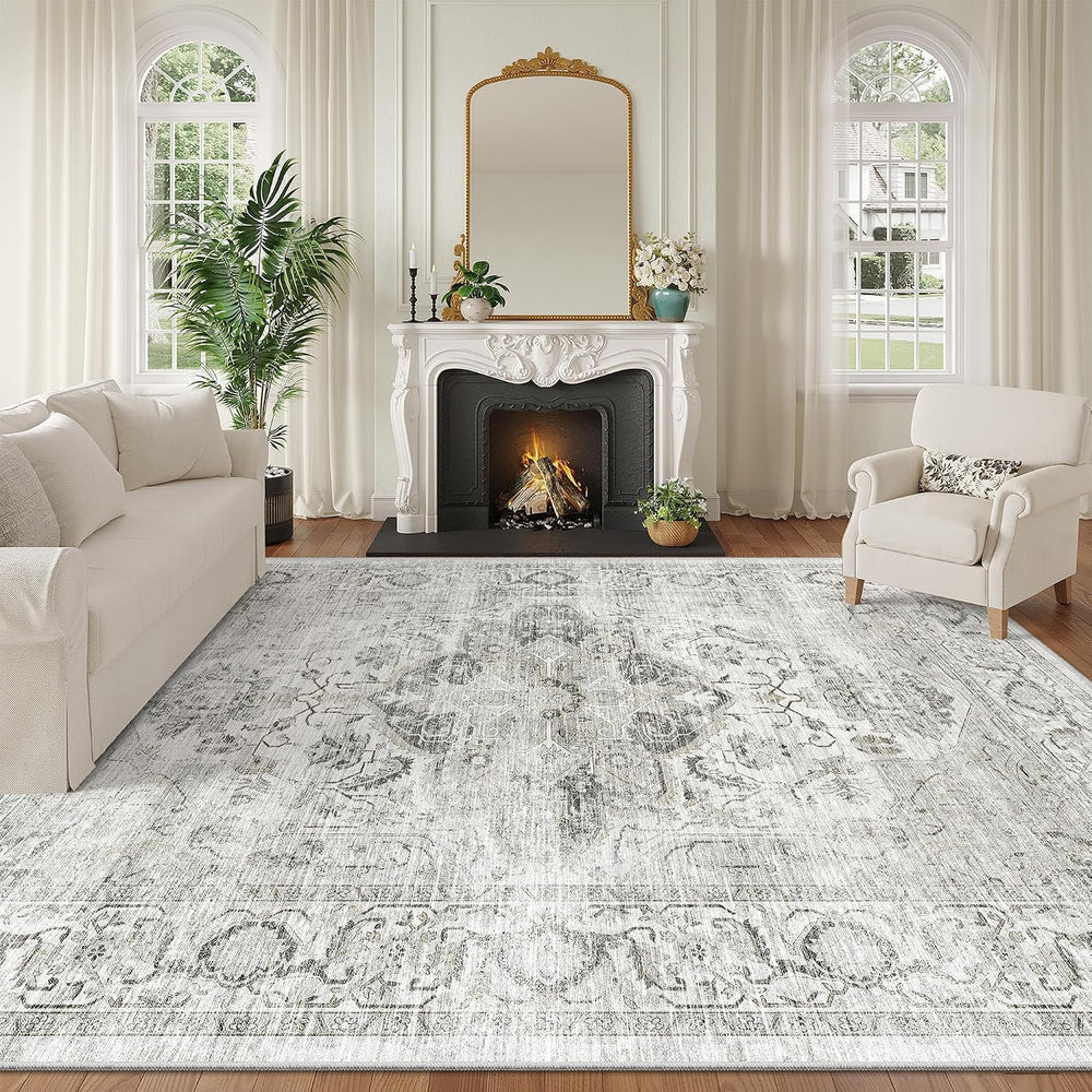 Washable 8x10 Area Rugs, Non Slip Living Room Rug Ivory/Gray
