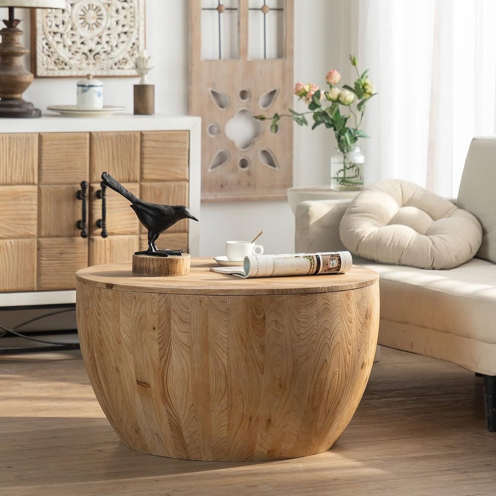 31.5'' Round Wood Coffee Table with Storage for Living Room, Modern R...