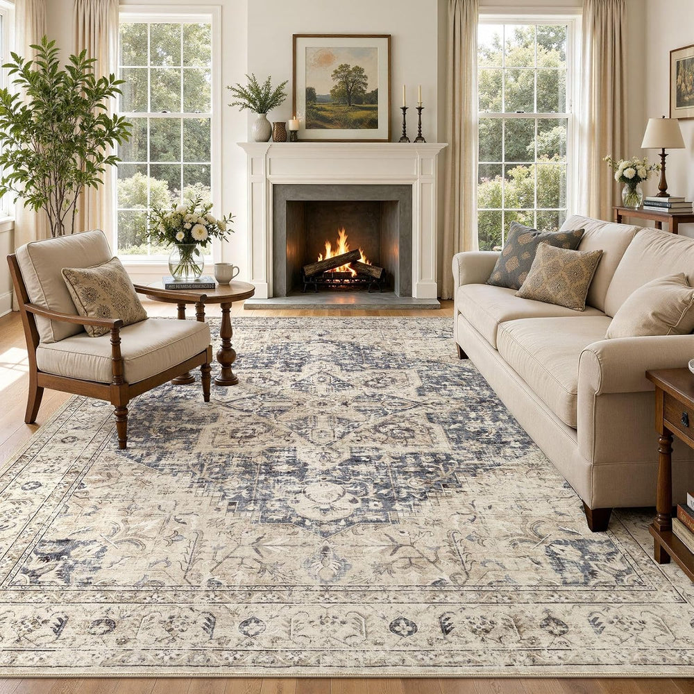 Tortania Area Rug 5x7 Living Room Rug Washable Soft Cream/Blue