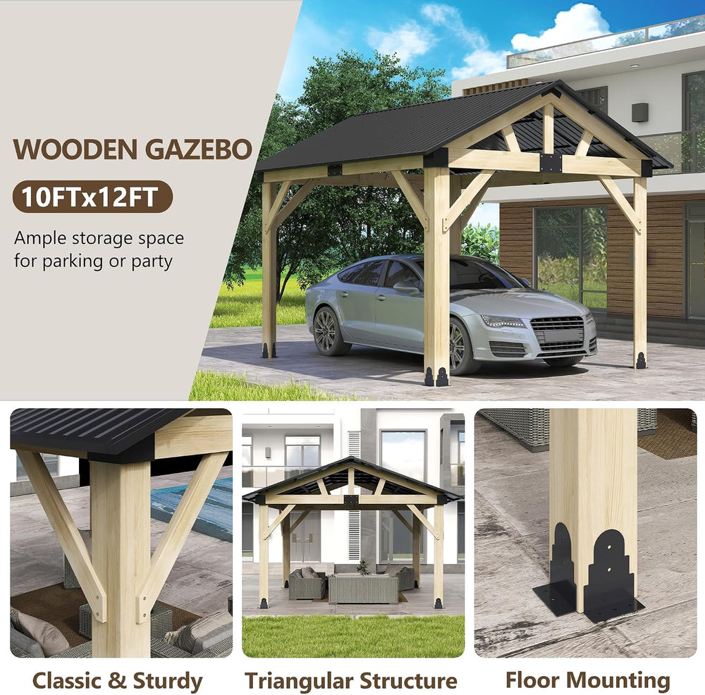 Outdoor Wood Gazebo 10'x12', Hardtop Gazebo Permanent Wooden Pavilion...