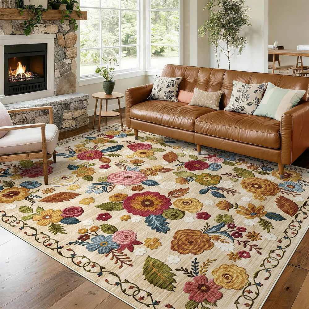 Washable 8x10 Area Rug, Beige Boho Floral Non-Slip for Living Room, Bedroom