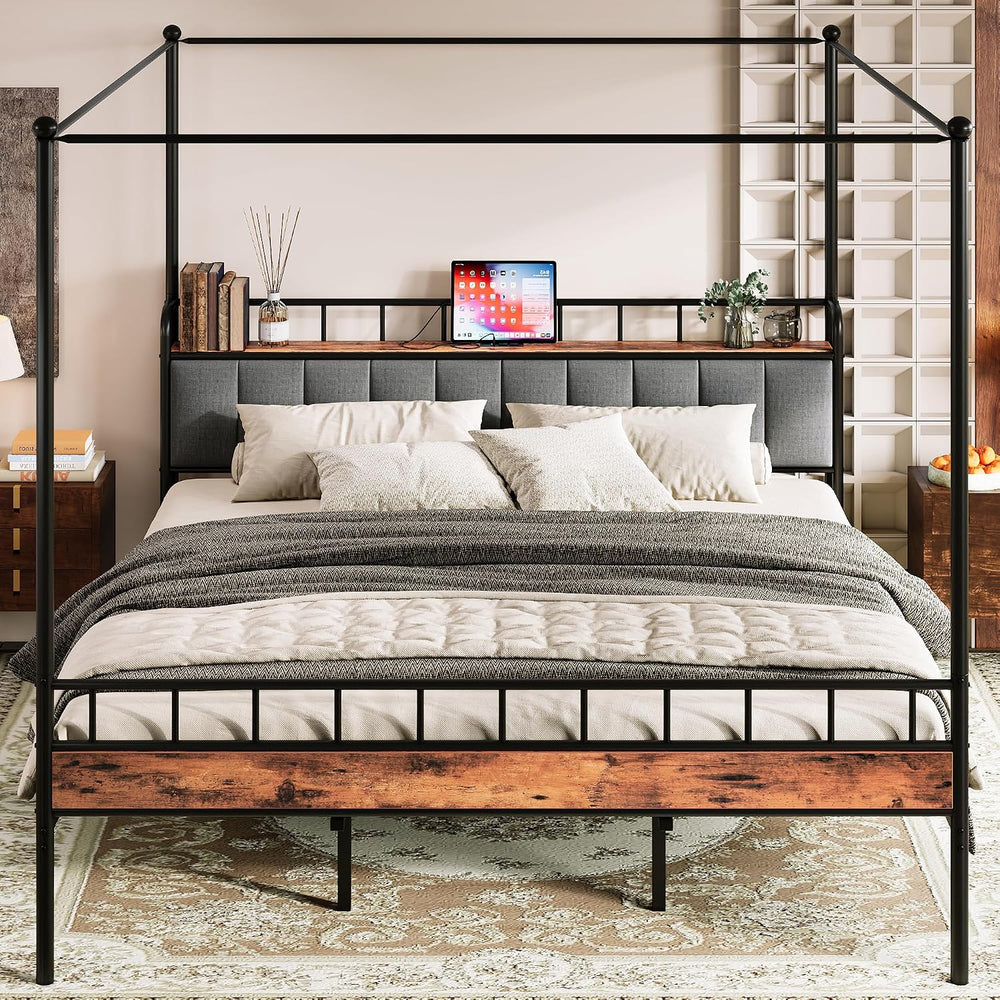 LIKIMIO King Canopy Bed Frame, Storage Headboard with Charging Station