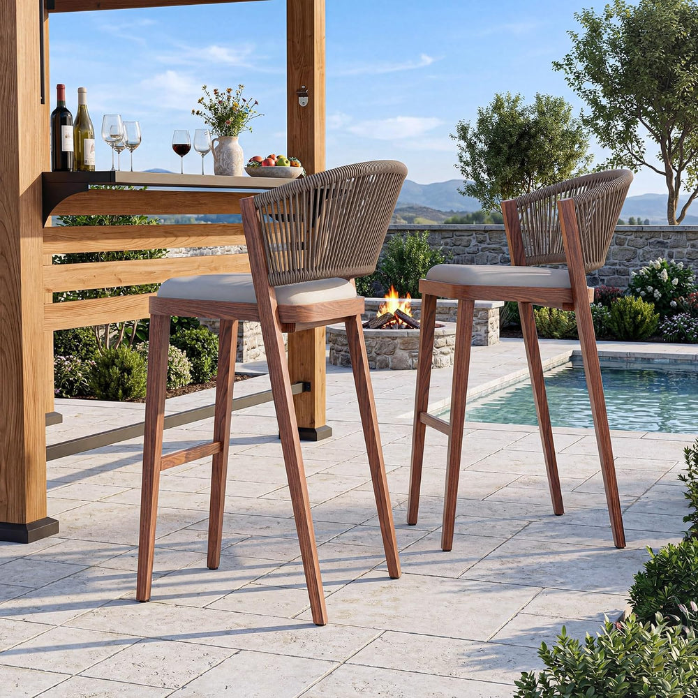 Modern Shade Chatham Outdoor Bar Stools Set of 2 with Rope Woven Backrest, Po...