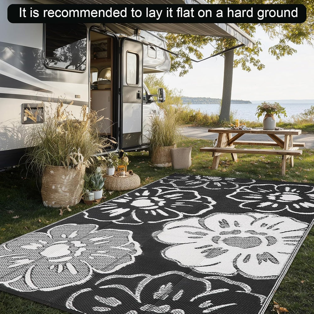 8'x10' Black and White Floral Outdoor Rug, Waterproof Double-Sided