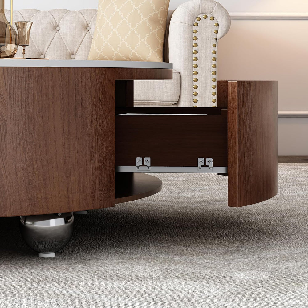 35” Round Coffee Table with Hidden Storage Drawers, Mid Century Modern Center...