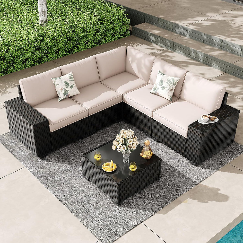 Patio Furniture Set, 6 Pieces Outdoor Couch Sofa with Wider Armrests & Gl...