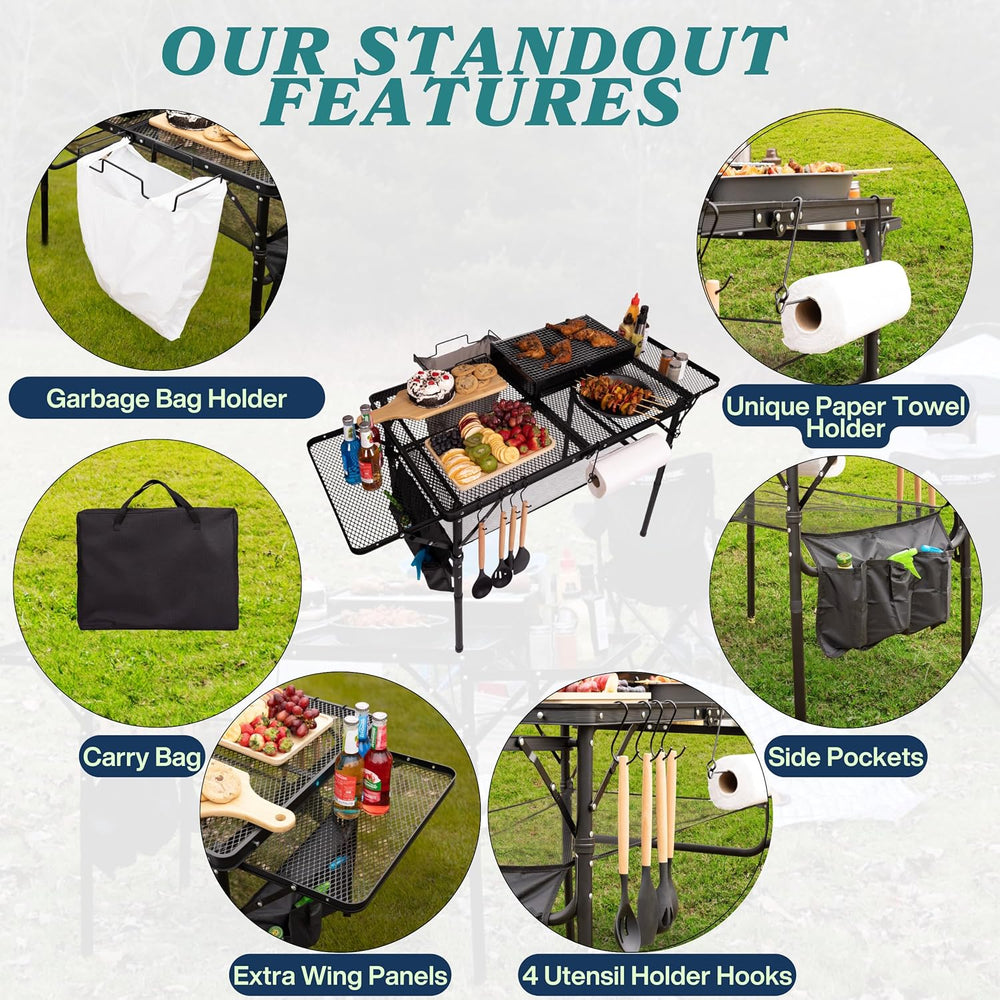 Folding Table w/ Carry Bag, Paper Towel Holder, Garbage Holder, Wing Panels, ...