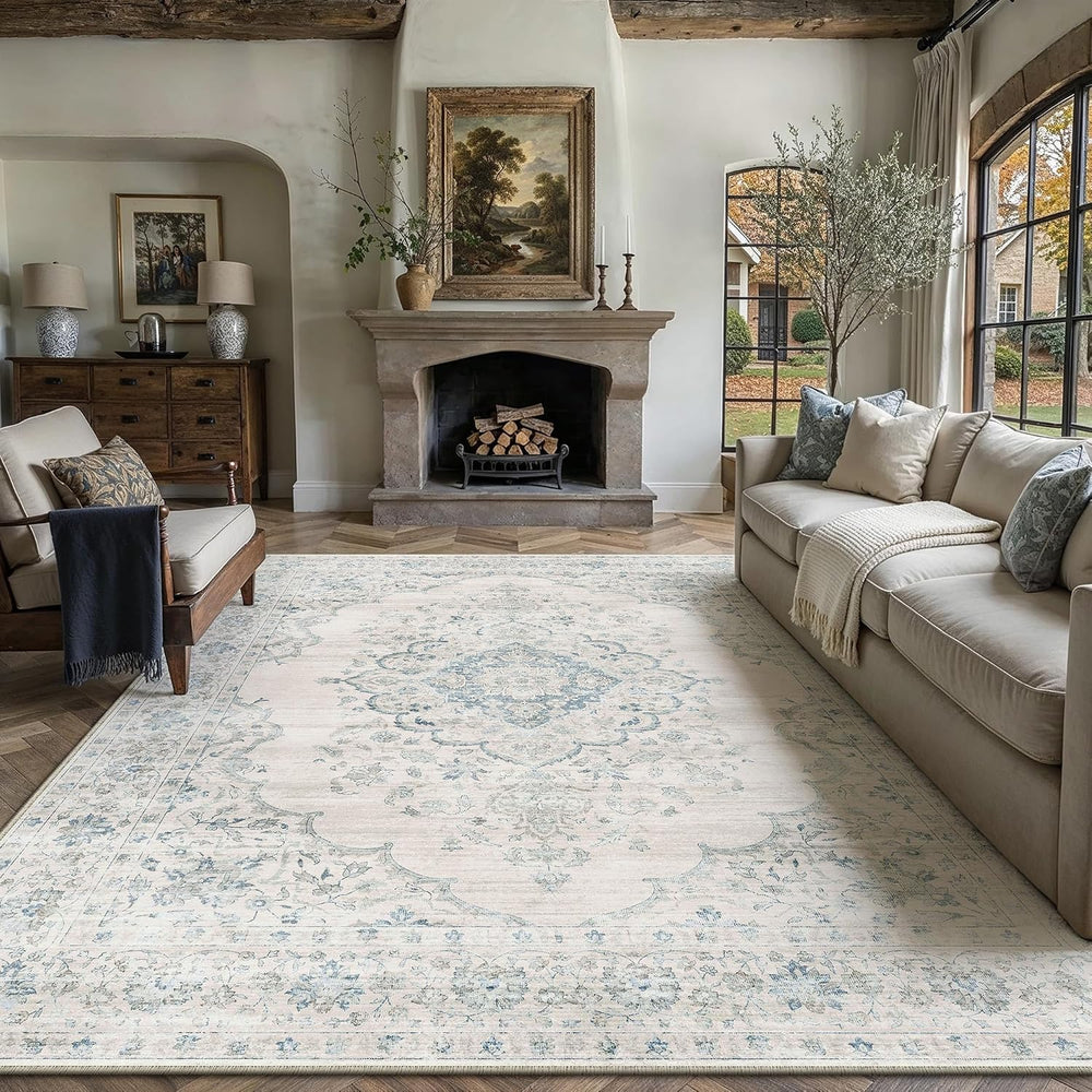 8x10 Blue Washable Neutral Area Rug Living Room