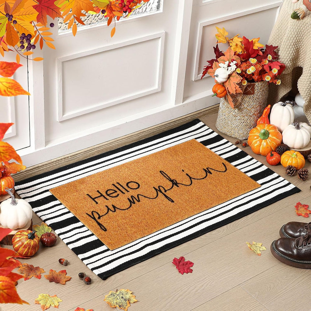 Duraaamo 2 Pcs Fall Front Door Mats, Hello Pumpkin Coir Doormat, Non Slip