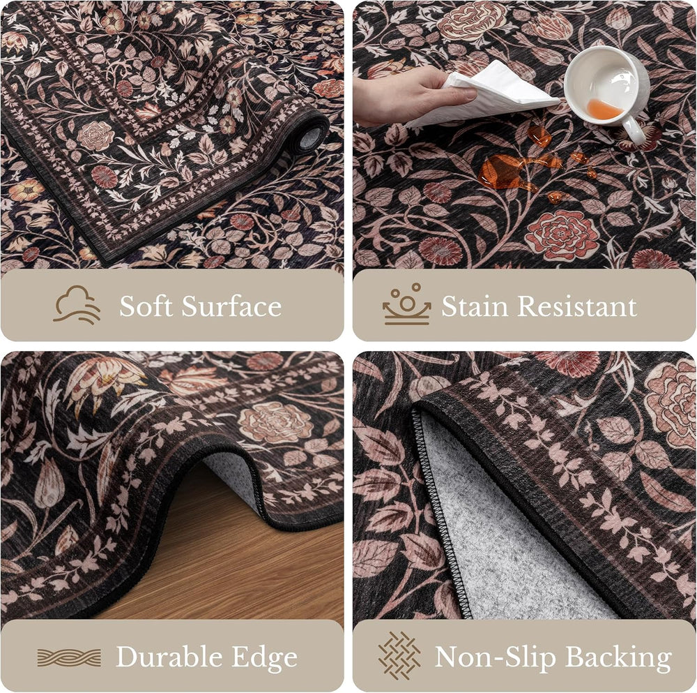 5x7 Area Rug Living Room: Soft Floral Washable Boho Carpet Brown