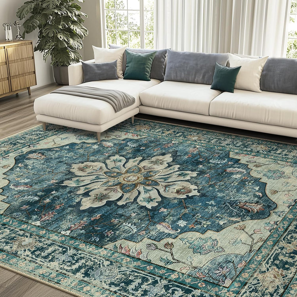 RELEANY Washable Area Rug, 8'x10', Blue/Vintage Dark Blue