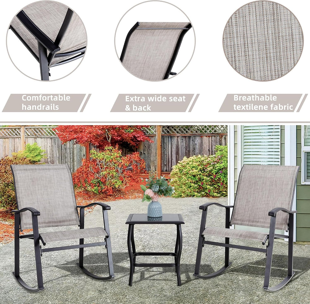 Vongrasig 3 Piece Outdoor Rocking Bistro Set, Textilene Fabric Small Patio Fu...
