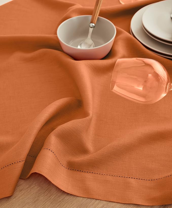 Solino Home Linen Square Tablecloth 52 x 52 Inch - 100% Pure Linen Pumpkin Ta...