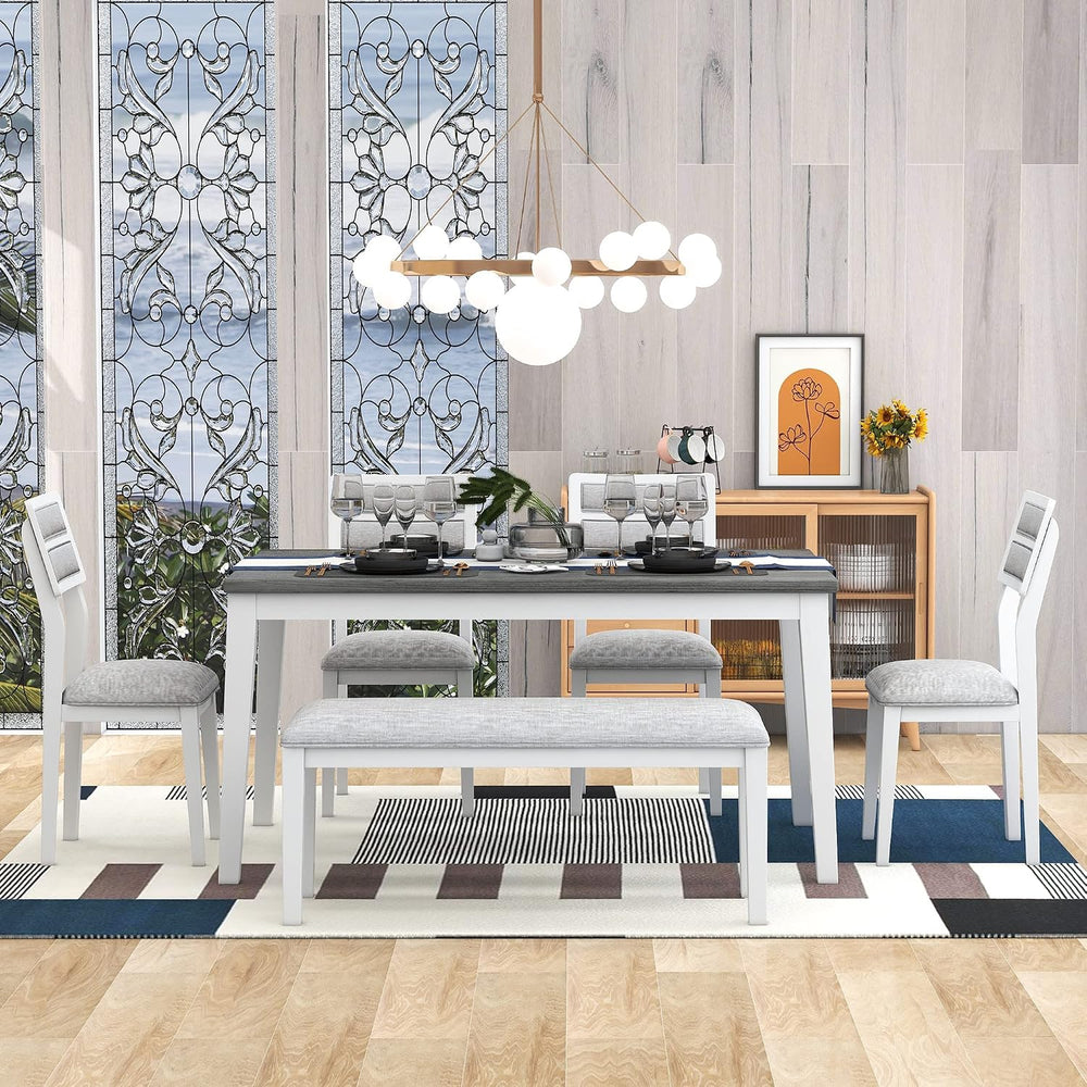 Classic Dining Table Set with Upholstered Chairs and Bench for 4-6, White