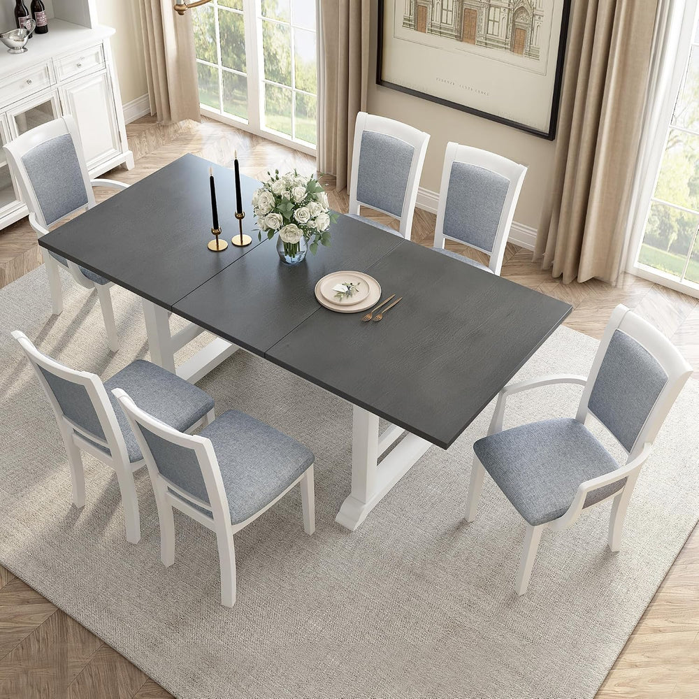 Farmhouse Rustic 7-Piece Dining Table Set, Solid Wood Extendable Trestle Dini...