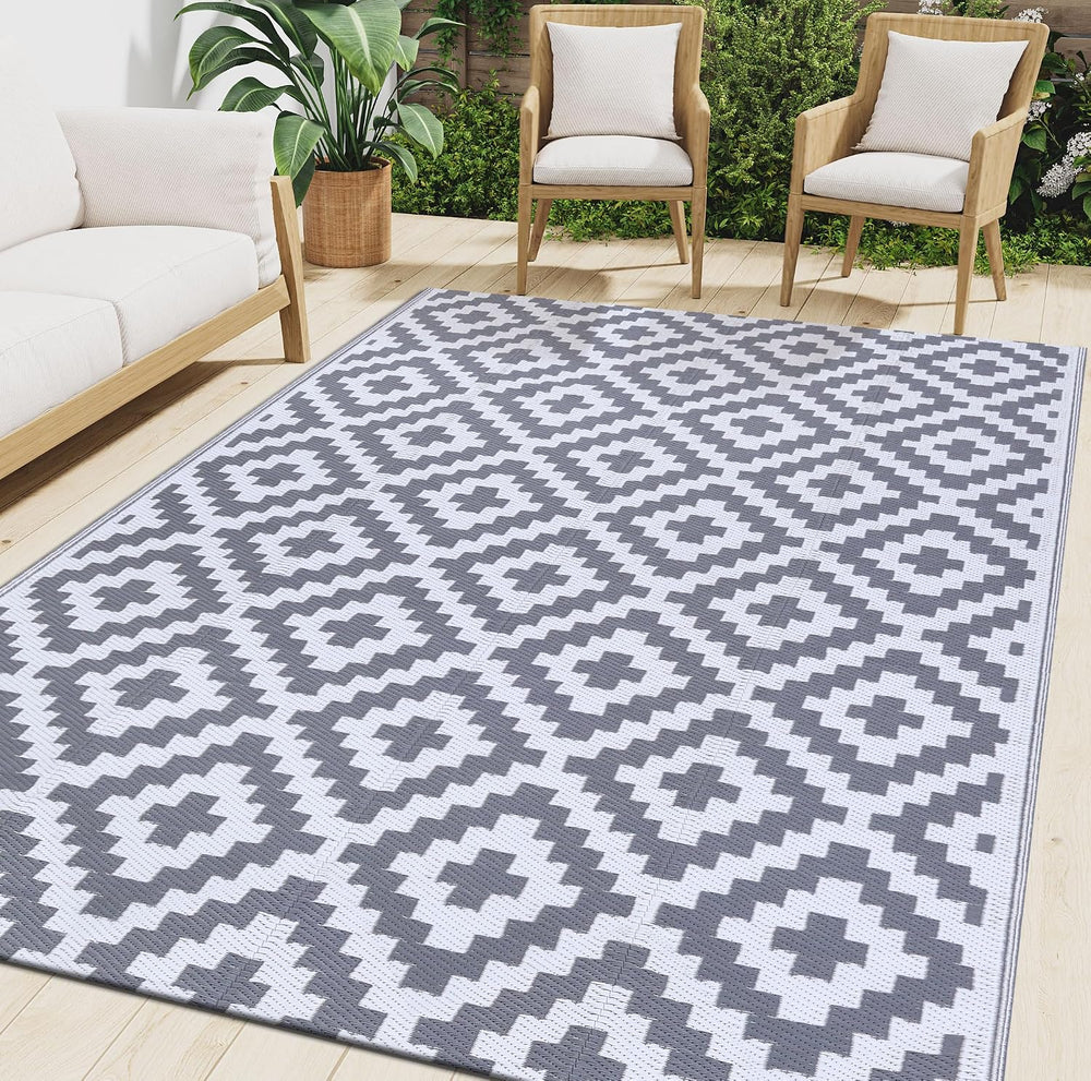 Smiry Outdoor Rug 5x8 ft Waterproof Reversible Boho Mat, White & Grey