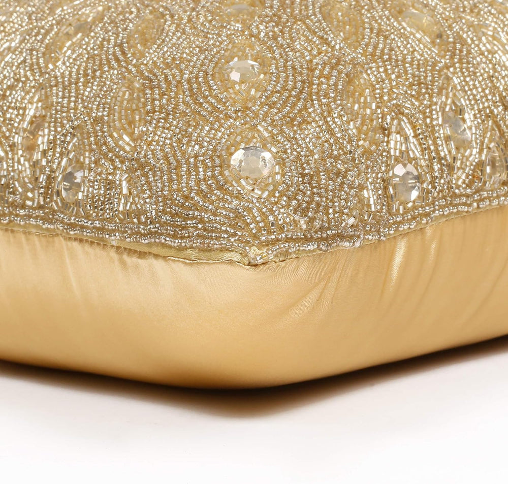 Lightnpro Gold Hand-Beaded Pillow Cover - 12x12 Inch, Handmade by Skilled Art...