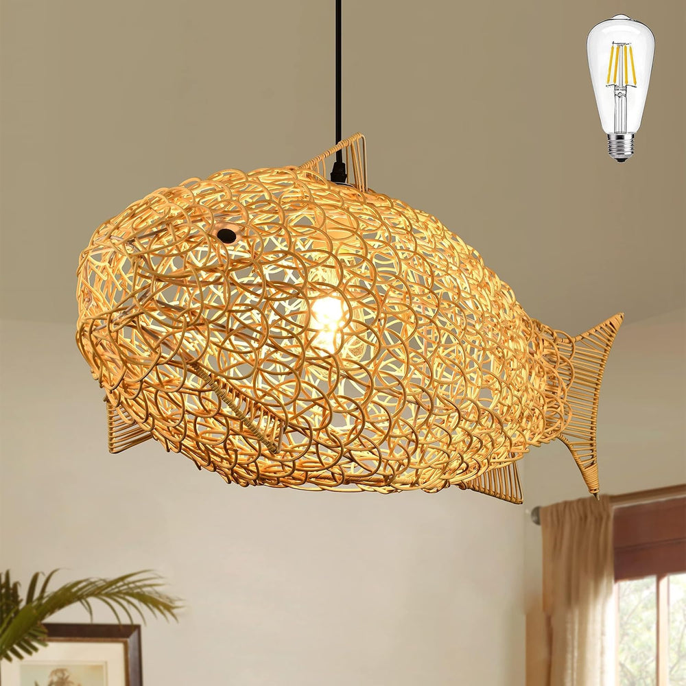 24 inch Fish-Shaped Rattan Woven Pendant Light Boho Chandelier Rustic Farmhou...