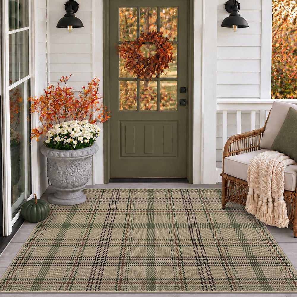 JTJ Easy Jute 3x5 Outdoor Rug, Sage Green Plaid Washable Farmhouse Area Rug