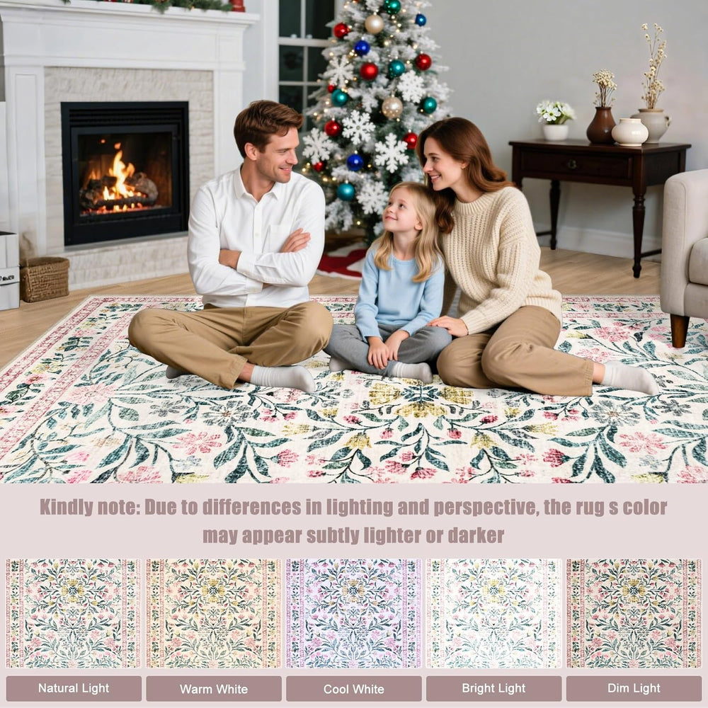 PLHXFR 8x10 Area Rug Living Room: Floral Washable Boho Carpet Pink Green