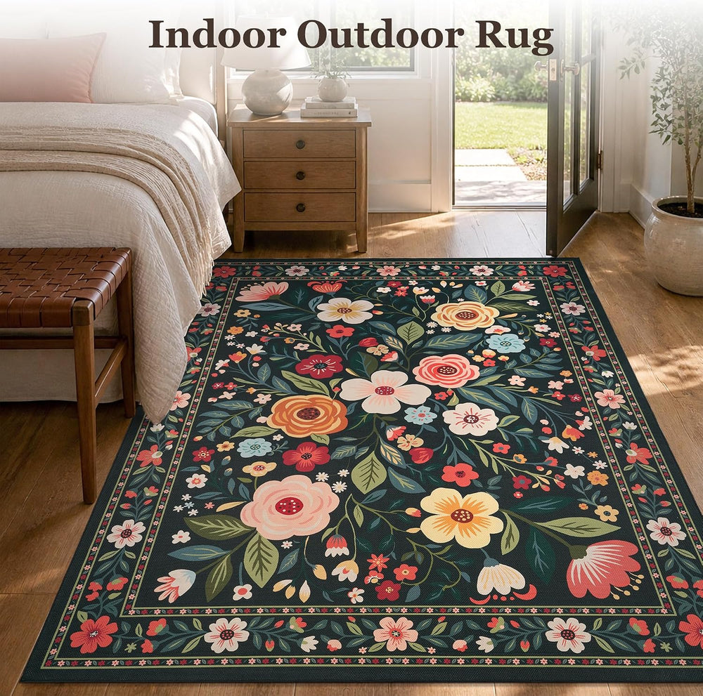 PADOOR Outdoor Rug 5x7 ft, Floral Washable Indoor Outdoor Area Rug, Flat‑Wove...
