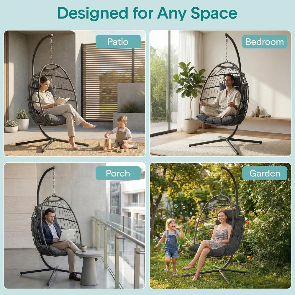 SereneLife Foldable Egg Chair with Stand | Indoor & Outdoor Swing Seat fo...