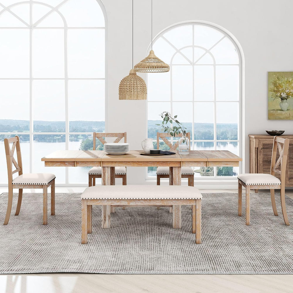 Farmhouse 6-Piece Extendable Dining Room Table Sets, Acacia Wood 82''...