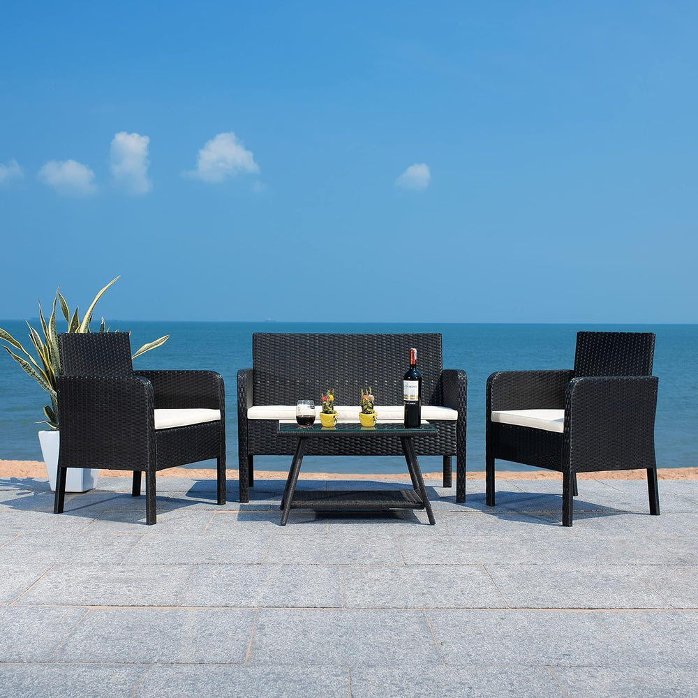 SAFAVIEH PAT7505A Collection Aboka Black and Beige 4-Piece Outdoor Living Pat...