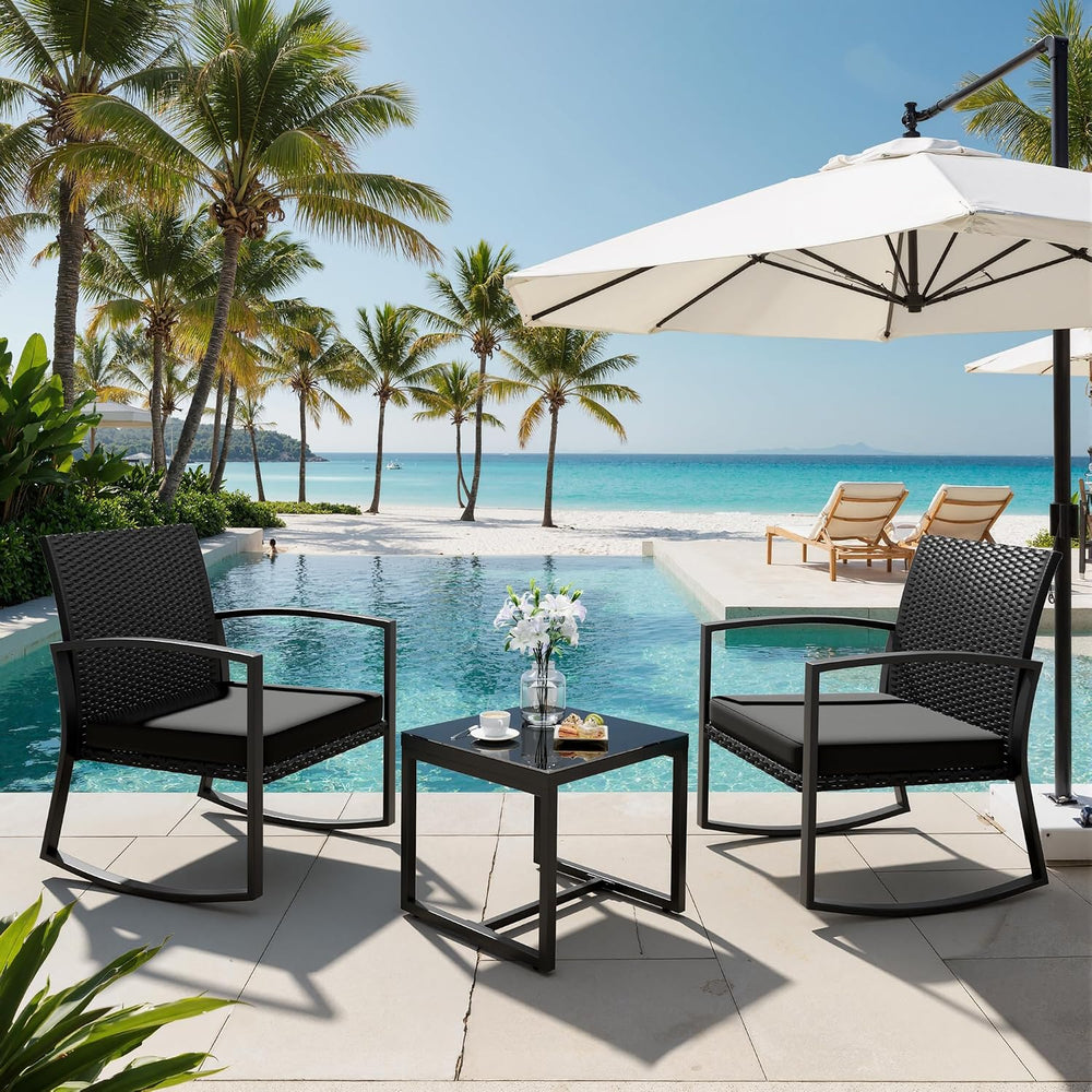3 Pieces Outdoor Patio Set -Wicker Rattan Chair Conversation Set with Glass T...