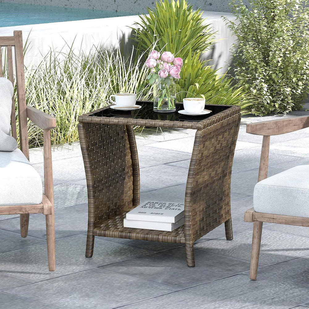 Outdoor Wicker Side Table, Rattan End Table, Glass Top,Patio Garden