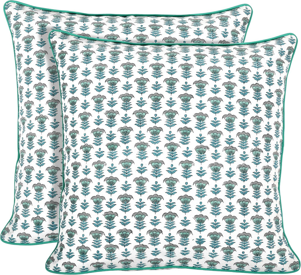 Ridhi Aquamarine Blue Block Print Cotton Pillow Cover 16x16 Inch Set of 2