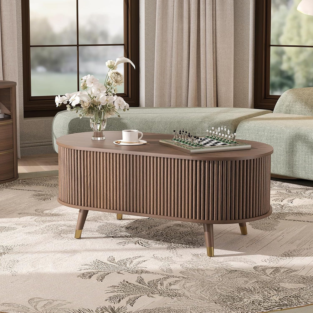 JOINICE Oval Lift Top Coffee Table with Storage for Living Room,Walnut