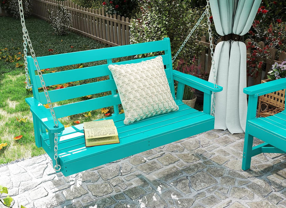 GREENVINES Outdoor Porch Swing, 2-Person HDPE Patio Bench Swings, Aqua