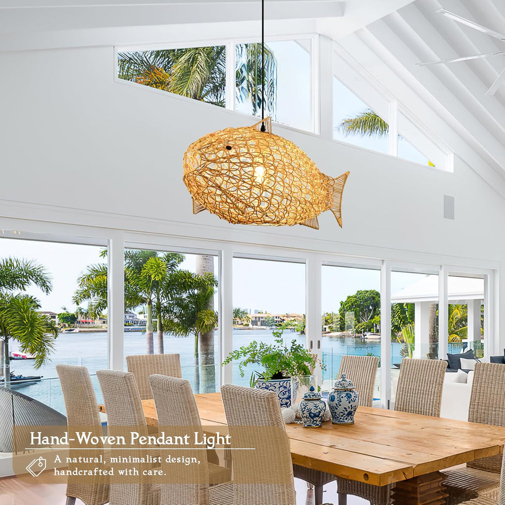 24 inch Fish-Shaped Rattan Woven Pendant Light Boho Chandelier Rustic Farmhou...