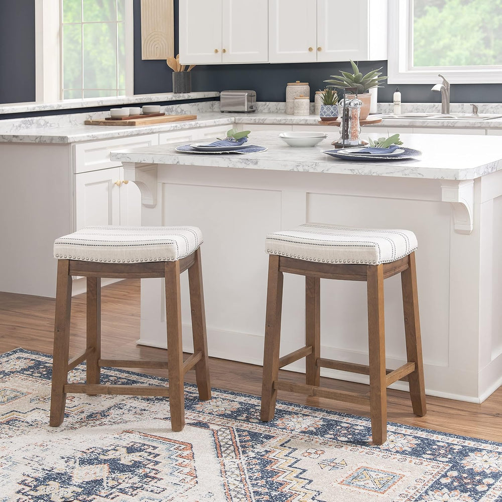 Linon Kingston Natural Wood with Upholstered Linen seat 24 Inch Seat Height B...