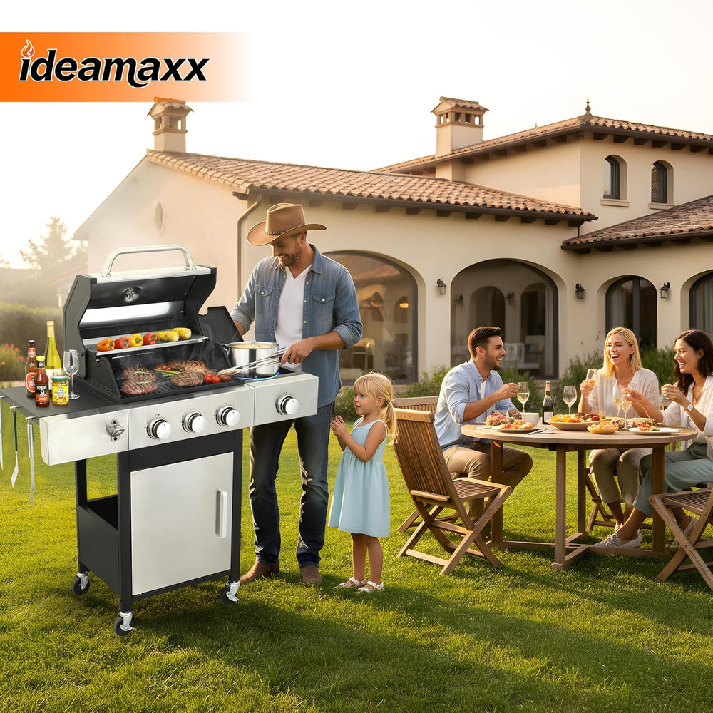 3-Burner Propane Gas Grill 39,000 BTU with Side Burner, Stainless Steel Doubl...