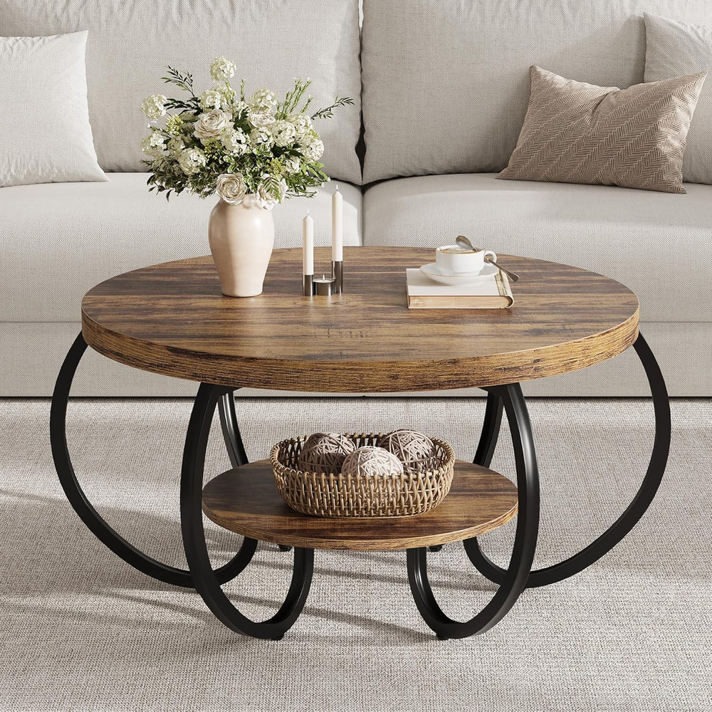 GarveeHome Round Coffee Table 30 in Center Table, 2-Tier Coffee Table Industr...