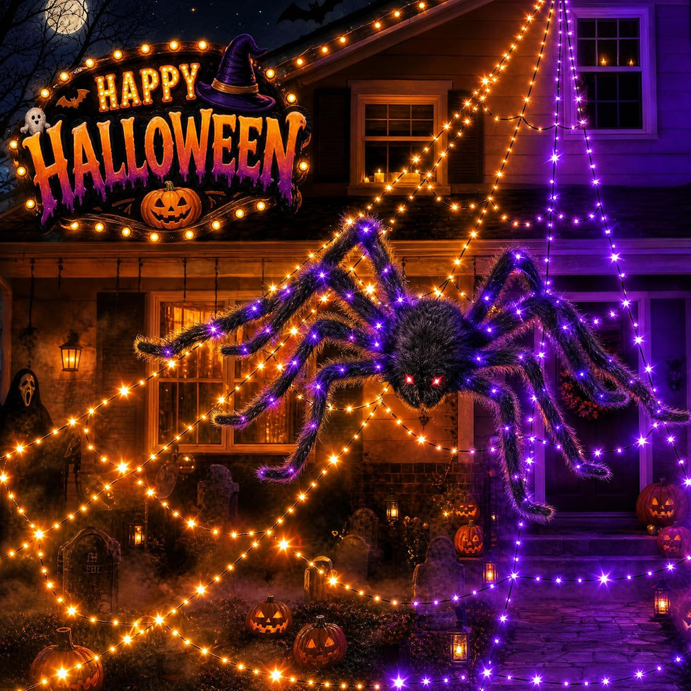 Halloween Decorations Outdoor Spider Web Lights - 550 LEDs Purple and Orange ...