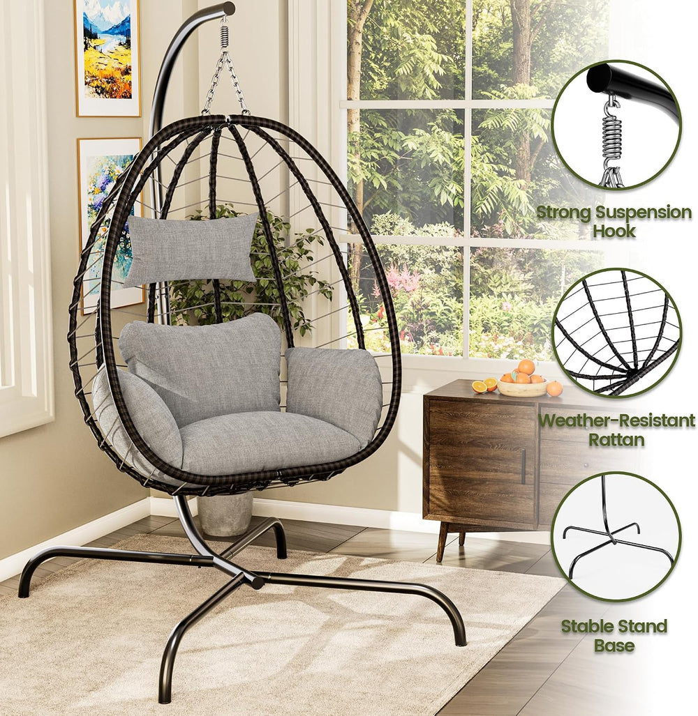 Kullavik Hanging Egg Chair Outdoor with Stand, Wicker Patio Swing Chair