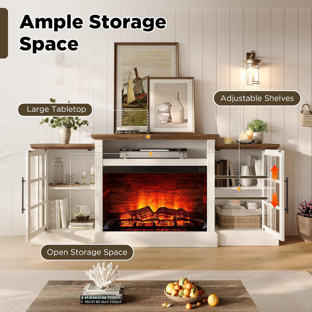 LUXOAK 70" Farmhouse TV Stand with 28" Fireplace, White Barnwood