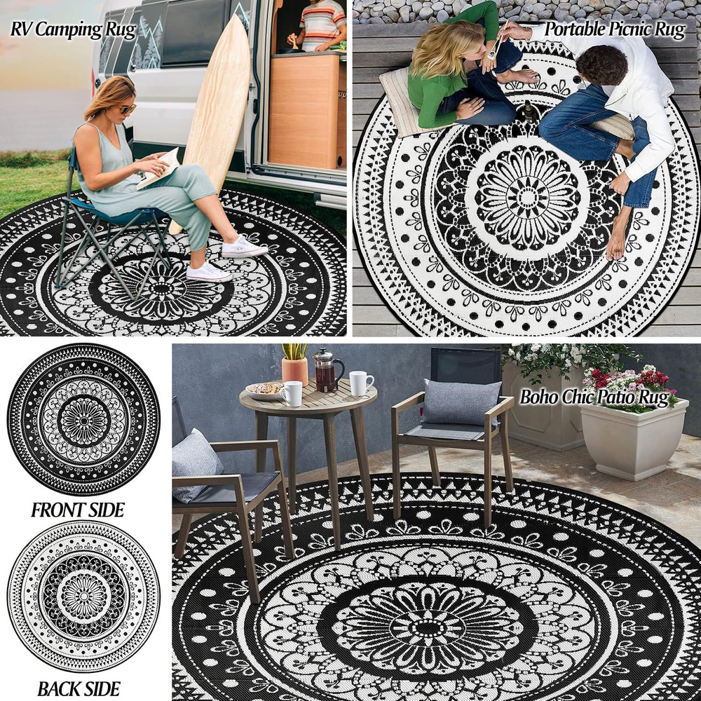 Cekene Round Outdoor Rugs for Patio 8Ft Waterproof Reversible Outdoor Patio R...