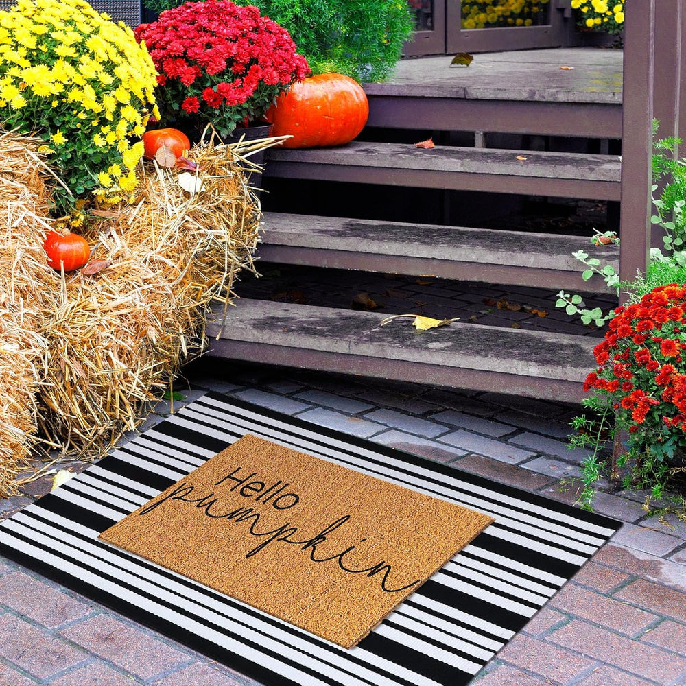 Duraaamo 2 Pcs Fall Front Door Mats, Hello Pumpkin Coir Doormat, Non Slip