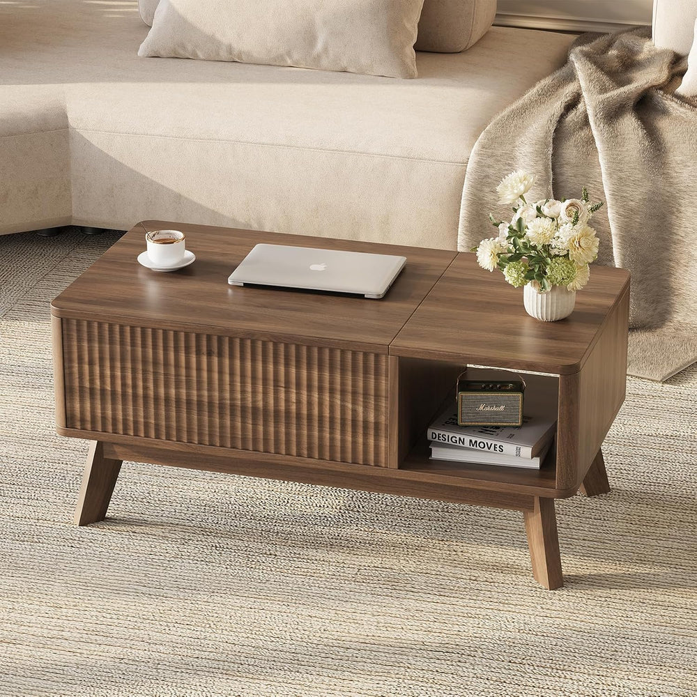 Lift Top Coffee Table, Fluted Hidden Storage Table for Living Room, Walnut