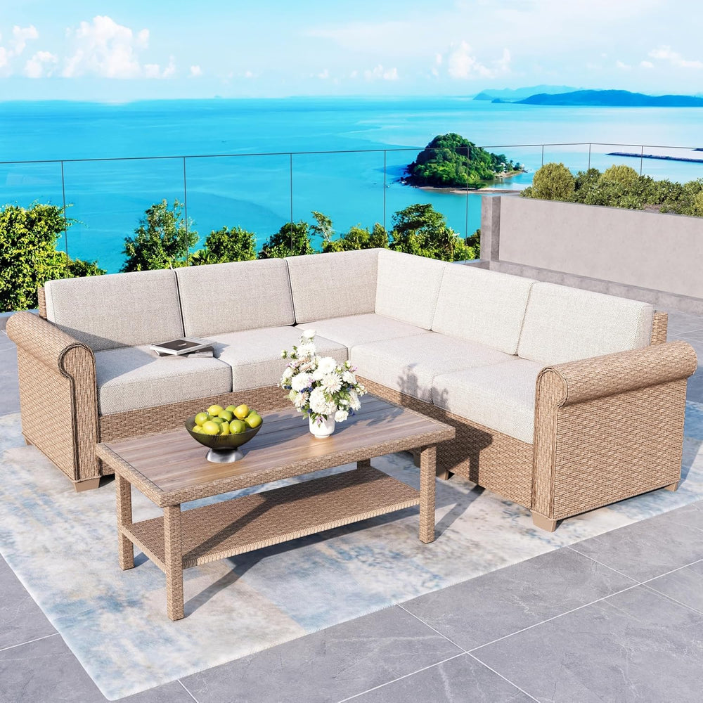 SUNSHINE VALLEY, 6 Piece, 5-Seats, Wicker, Patio Conversation Set, Beige