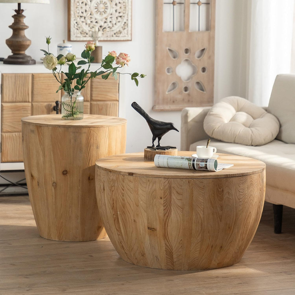 Round Wood Coffee Table End Table Side Table Set of 2 with Storage for Living...