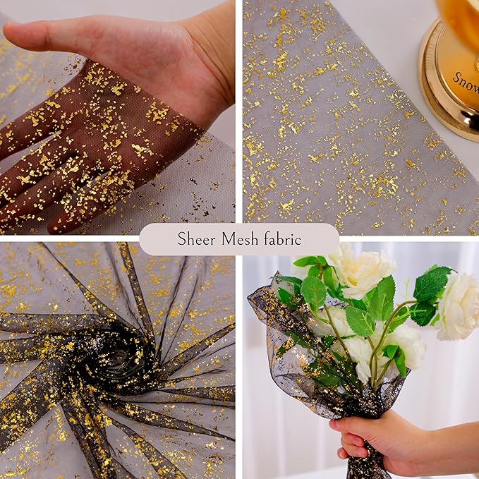 Snowkingdom 6 Pcs Black & Gold Cheesecloth Table Runner 10 FT, Sheer Chif...