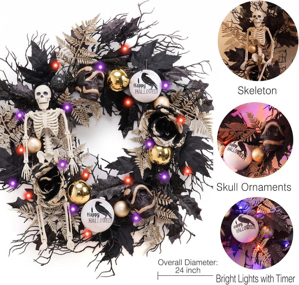 DecorbyHannah 24'' Skeleton Halloween Wreath with Lights for Front Door
