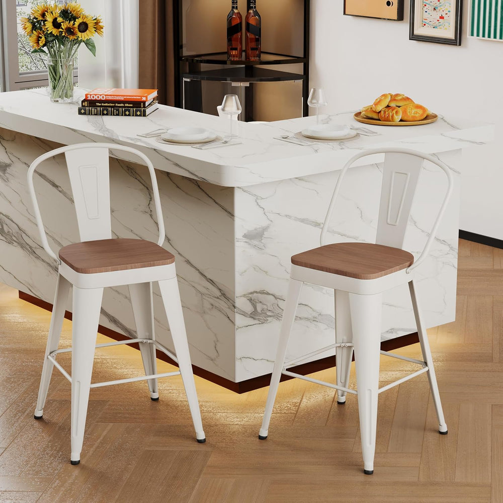 Andeworld Metal Bar Stools Set of 2, 26" Counter Height with Back,Off White