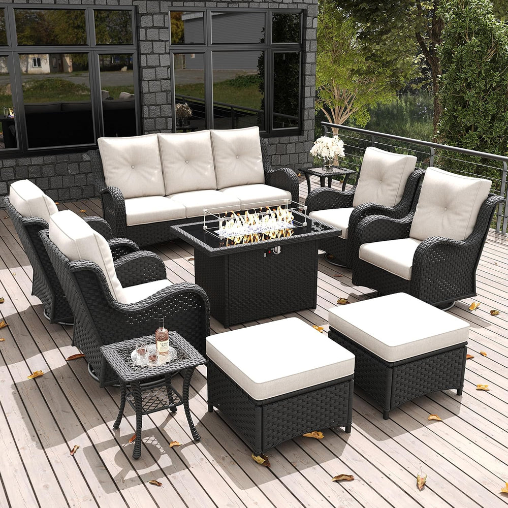 LayinSun 10 Pieces Outdoor Patio Furniture Set with Fire Pit Table, Rattan Wi...