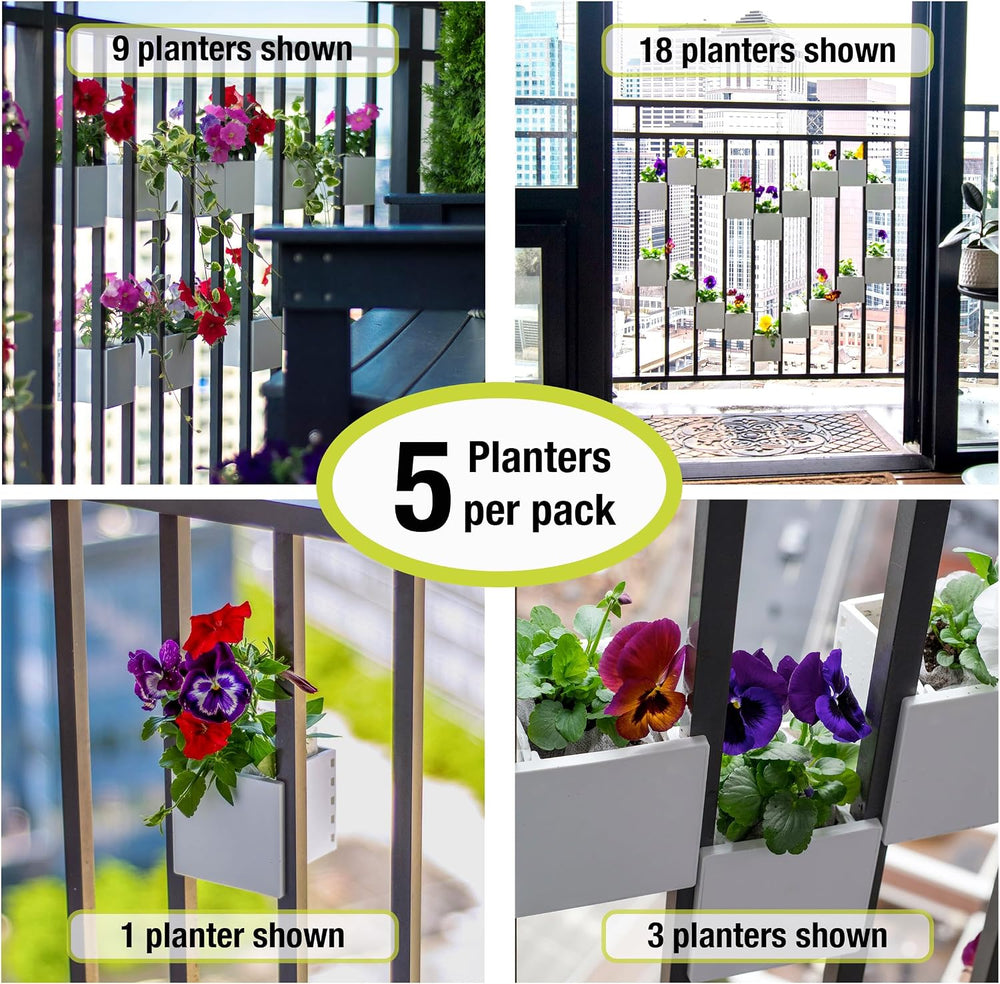Railing Planter 5-Pack, White (4-inch) | Tool-Free Space-Saving Floating Flow...